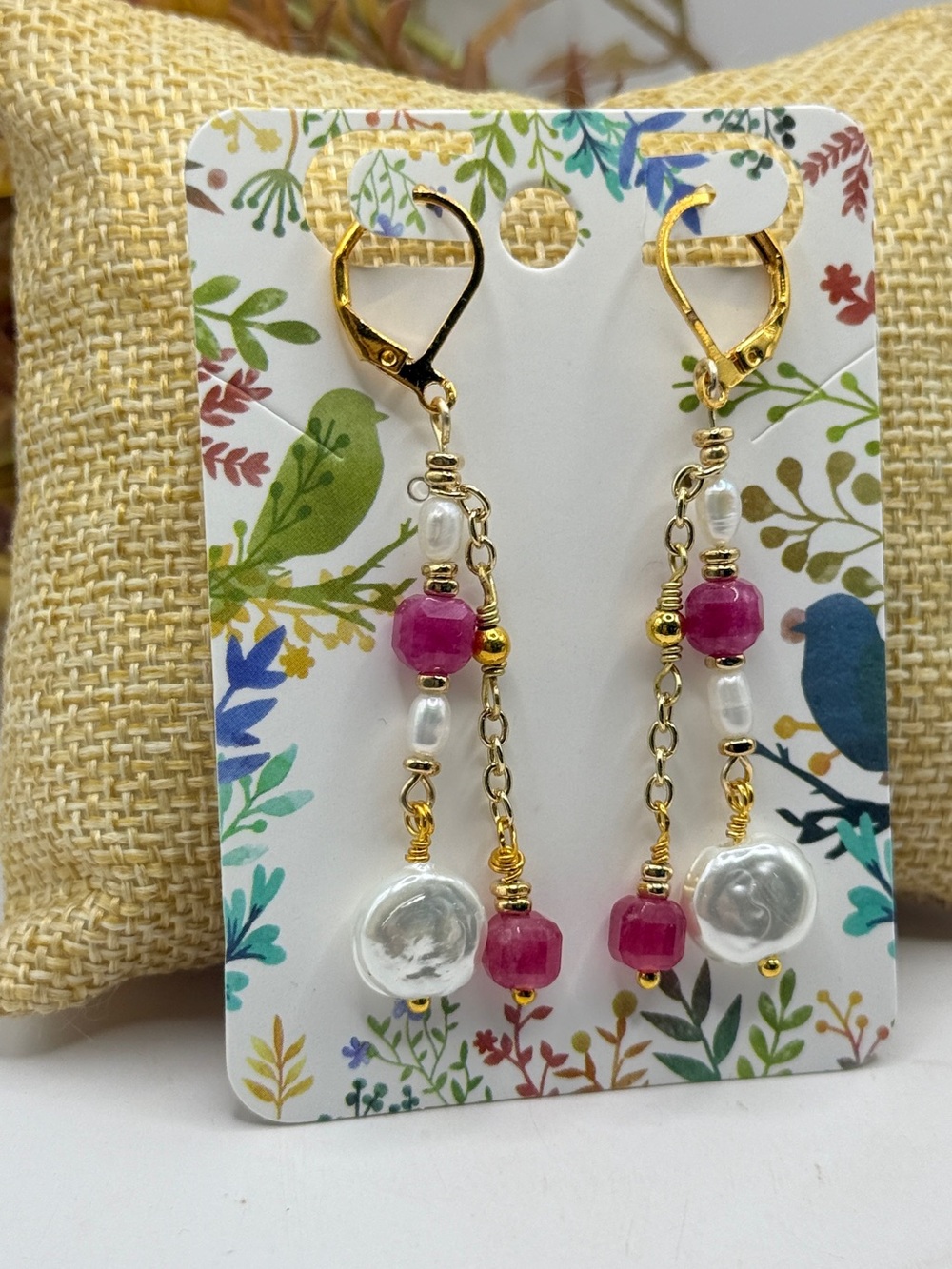 Gold Drop Earrings with Pink Gemstones and White Pearls